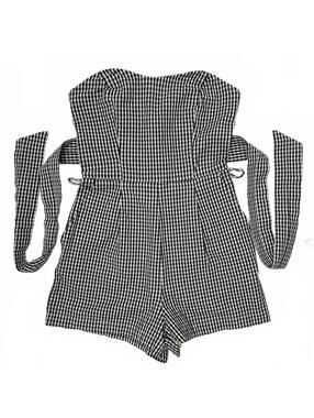 Dynamite White Black Gingham Pattern Strapless Romper W Waist Tie XXS Rockabilly